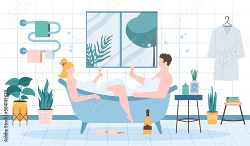 Couple, man and woman taking bath and drinking champagne. People in relaxing in bathroom with foam bubbles