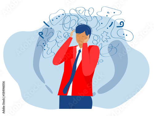 man suffers from obsessive thoughts; headache; unresolved issues; psychological trauma; depression.Mental stress panic mind disorder illustration Flat vector illustration.
