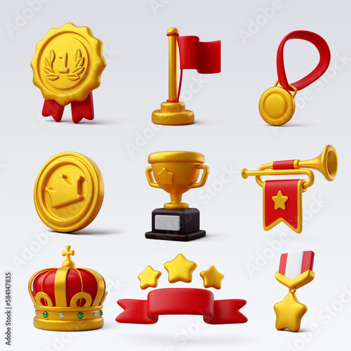3d Vector Winner golden prize and award with red ribbon icon, Premium Quality guarantee label, Victory game champion.