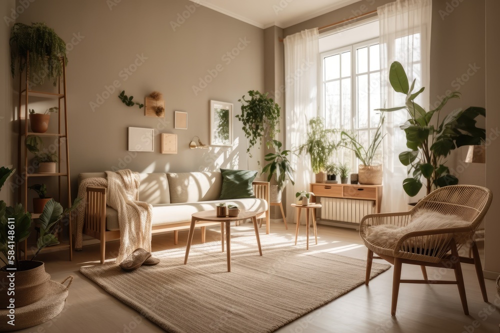 Natural colored living room with tripod light, plants, and chairs. Generative AI