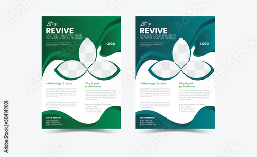 Vector eco flyer, poster, brochure, and magazine cover template. Modern green leaf, environment design