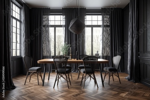 Dark wooden dining room with draperies and parquet floor. Copyspace mockup. Modern decor,. Generative AI