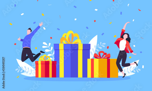 Get online reward and gifts, earn loyalty program points. Get loyalty card and customer service business concept flat design vector illustration. Tiny people with big gift boxes.