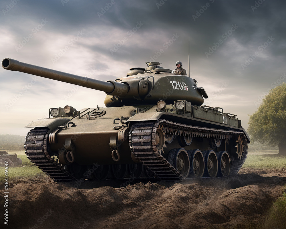 American allied medium tank moving in World War 2 battlefield with a ...