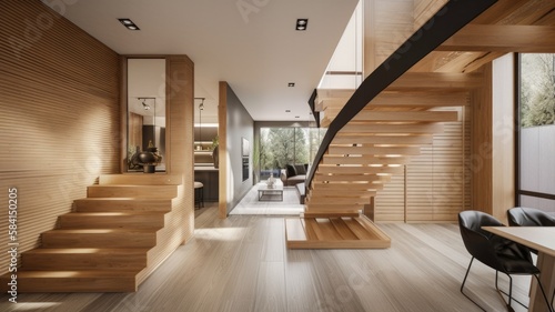 Wooden modern interior space  minimalistic clean design with natural material
