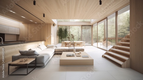 Wooden modern interior space  minimalistic clean design with natural material
