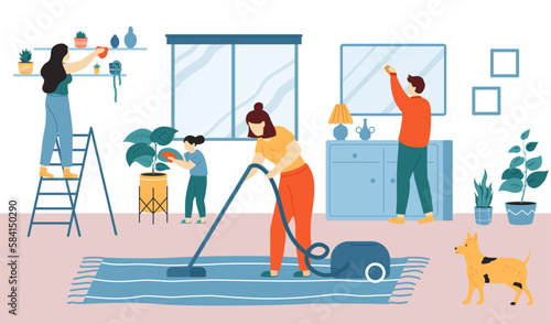 People do housework, home cleaning. Family doing household chore, woman vacuuming carpet, man mopping mirror