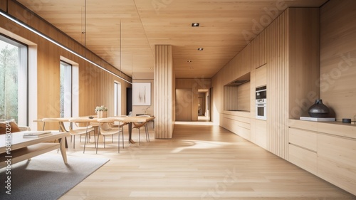 Wooden modern interior space, minimalistic clean design with natural material