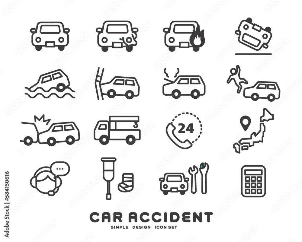 車の災害や事故のアイコンのベクターイラスト素材／危険／修理／保険