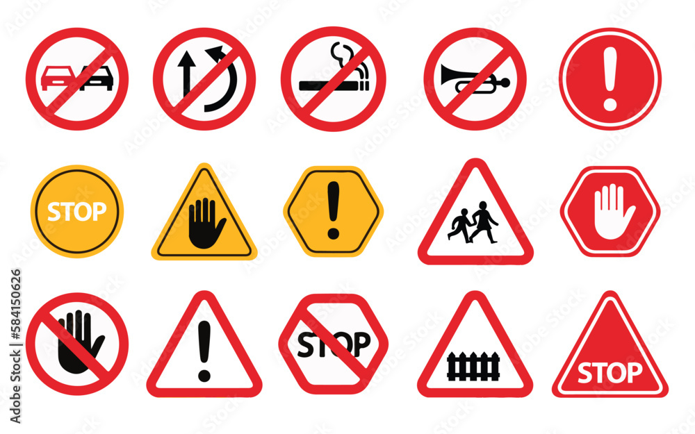 Stop and problem Signs with road warning and alarming signs for no overtaking, no smoking, no horn, stop sign, school crossing, no parking, caution, and no stoppage. Danger signs and vehicle indicator Stop and problem Signs with road warning and alarming signs for no overtaking, no smoking, no horn, stop sign, school crossing, no parking, caution, and no stoppage. Danger signs and vehicle indicator