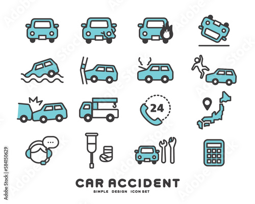 車の災害や事故のアイコンのベクターイラスト素材／危険／修理／保険