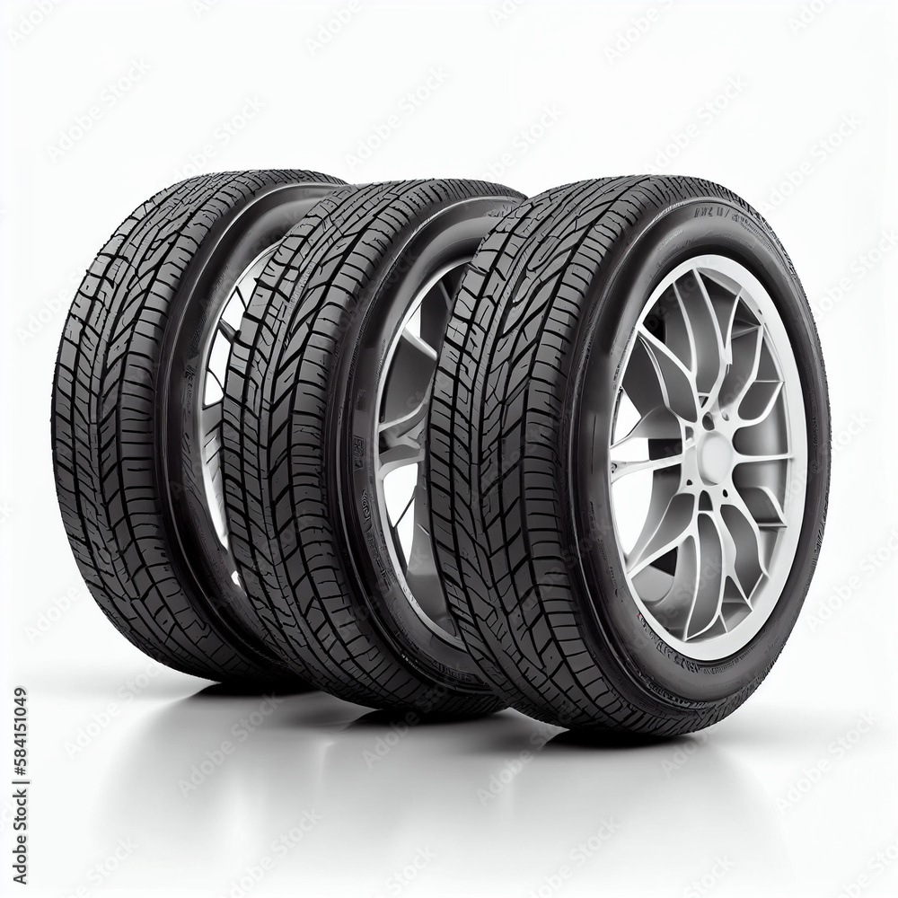 Set of four all-season tires for a minivan, white background, Generative AI