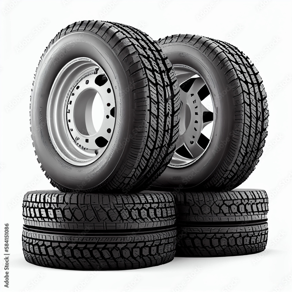 Set of four tires for a moving truck, white background, Generative AI