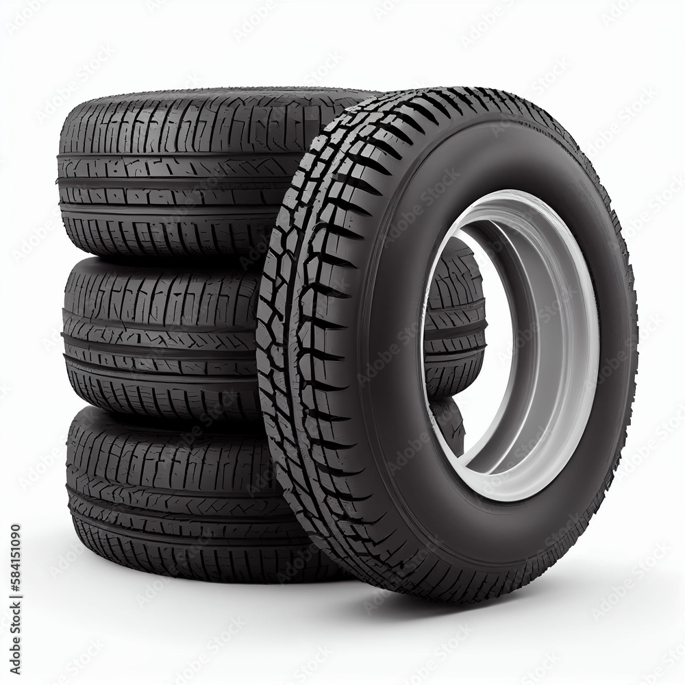 Set of four tires for a mobile home, white background, Generative AI Set of four tires for a mobile home, white background, Generative AI
