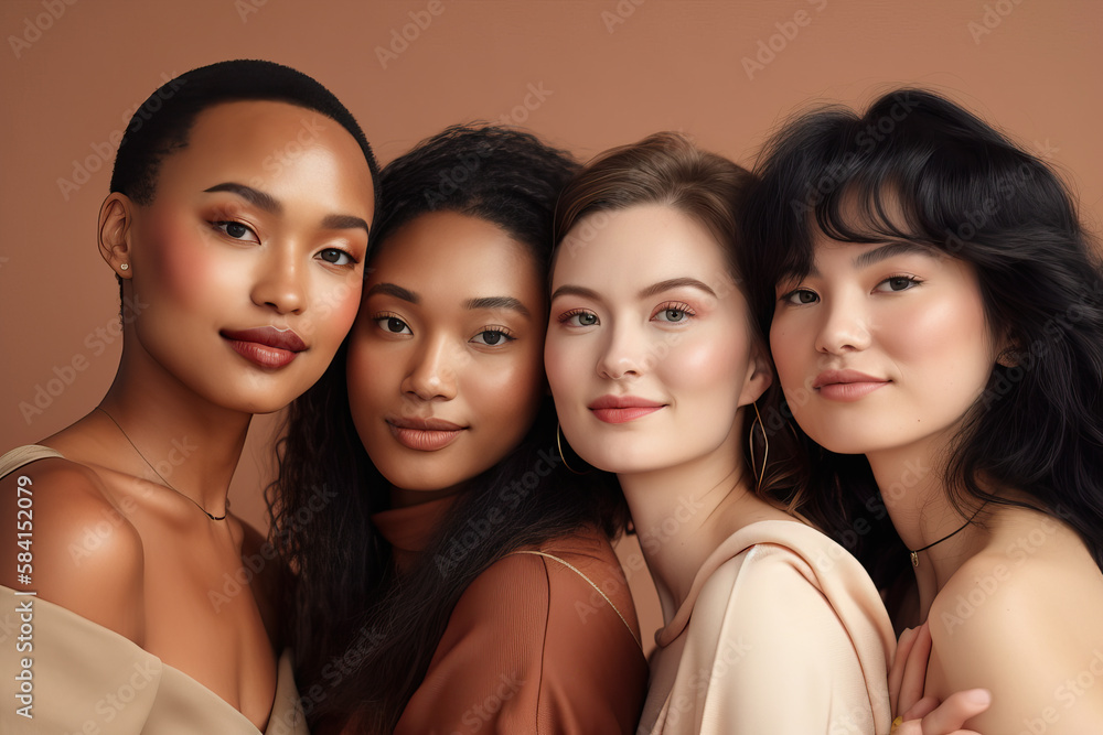Beauty. Multi Ethnic Group of Womans with diffrent types of skin together and looking on camera. Caucasian, African, Latin and asian woman posing and smiling against beige background. Generative Ai