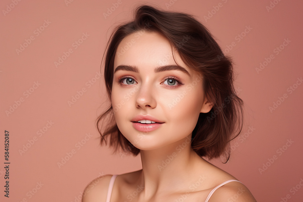 Beautiful girl smiles as she likes skincare effect after beauty gel. Portrait of young woman washing her face and body, pink background. Generative Ai Beautiful girl smiles as she likes skincare effect after beauty gel. Portrait of young woman washing her face and body, pink background. Generative Ai