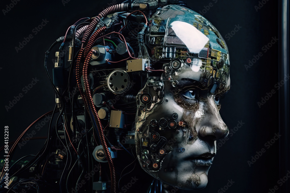 Side view of android with microchips and wires covered with metal details on black background. Generative AI Side view of android with microchips and wires covered with metal details on black background. Generative AI