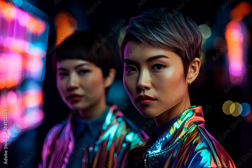 Stylish Asian women with short hair and bright makeup in foil jackets standing in room with neon illumination and looking at camera. Generative AI Stylish Asian women with short hair and bright makeup in foil jackets standing in room with neon illumination and looking at camera. Generative AI