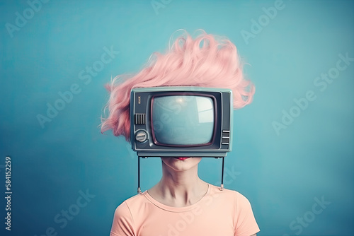 Woman with pink hair and retro TV as head. Ai generated