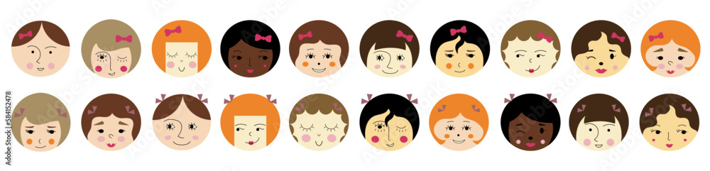 Feminine look, abstract personage, mascot design, funny face, cute icon. Feminine look, abstract personage, mascot design, funny face, cute icon.