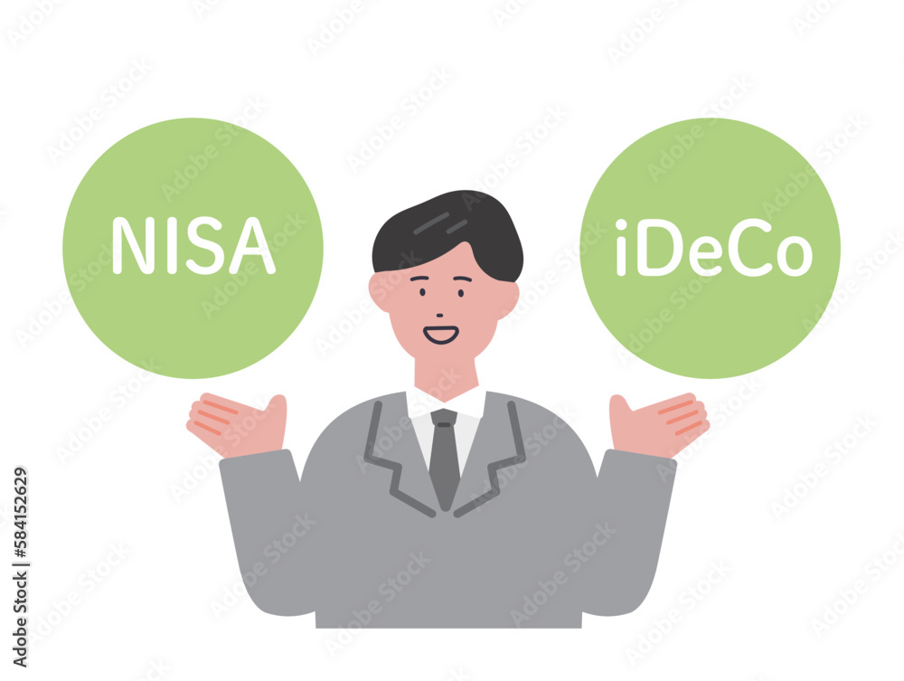 NISAとiDeCoの案内をする男性のイラスト NISAとiDeCoの案内をする男性のイラスト