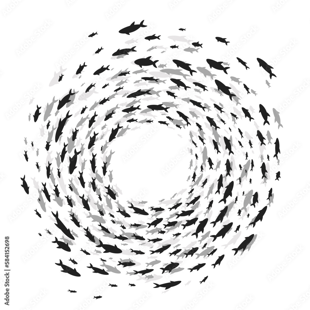 Silhouettes school of fish with marine life of various sizes swimming fish in the circle flat style design vector illustration. Colony of big and small sea animals.