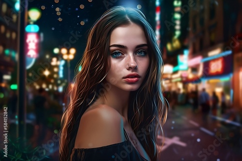 Young supermodel amidst a magical city backdrop of vibrant signs and glittering night lights. 