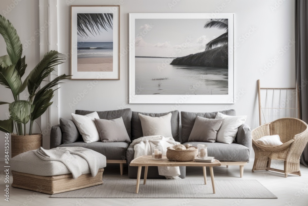 Fototapeta premium Grey seaside living room,. Generative AI