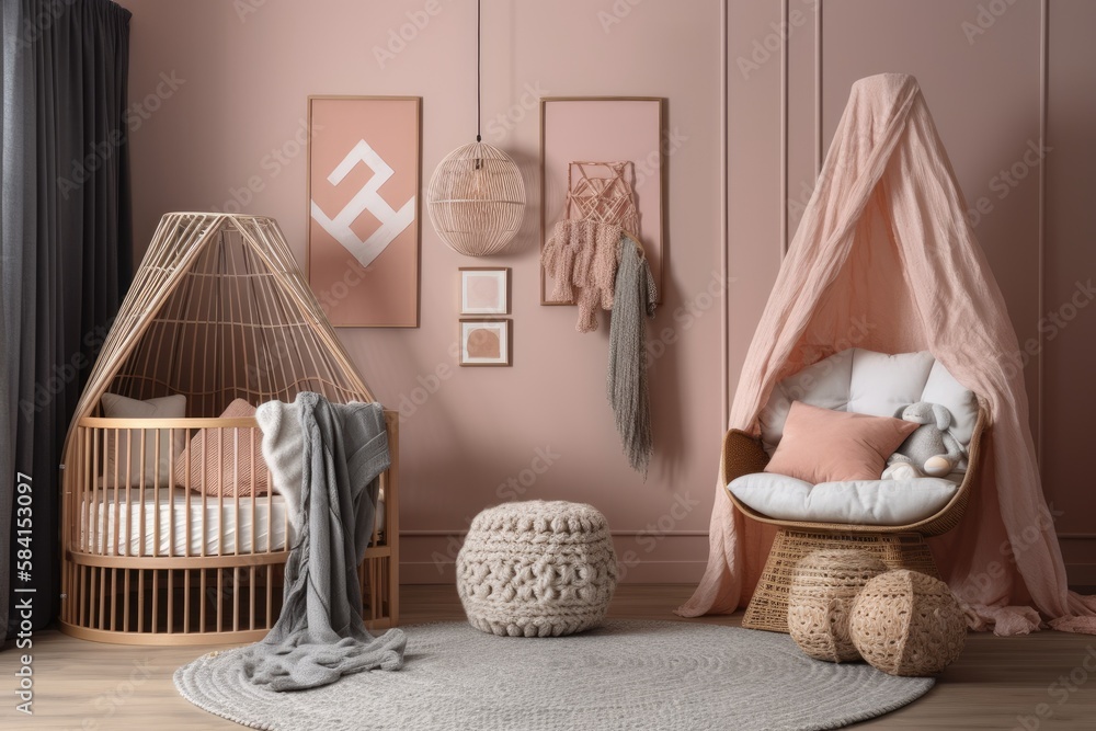 Blank gray wall with rattan cot, chair, pink plaid, and plush toys in baby bedroom. Scandinavian nursery,. Generative AI