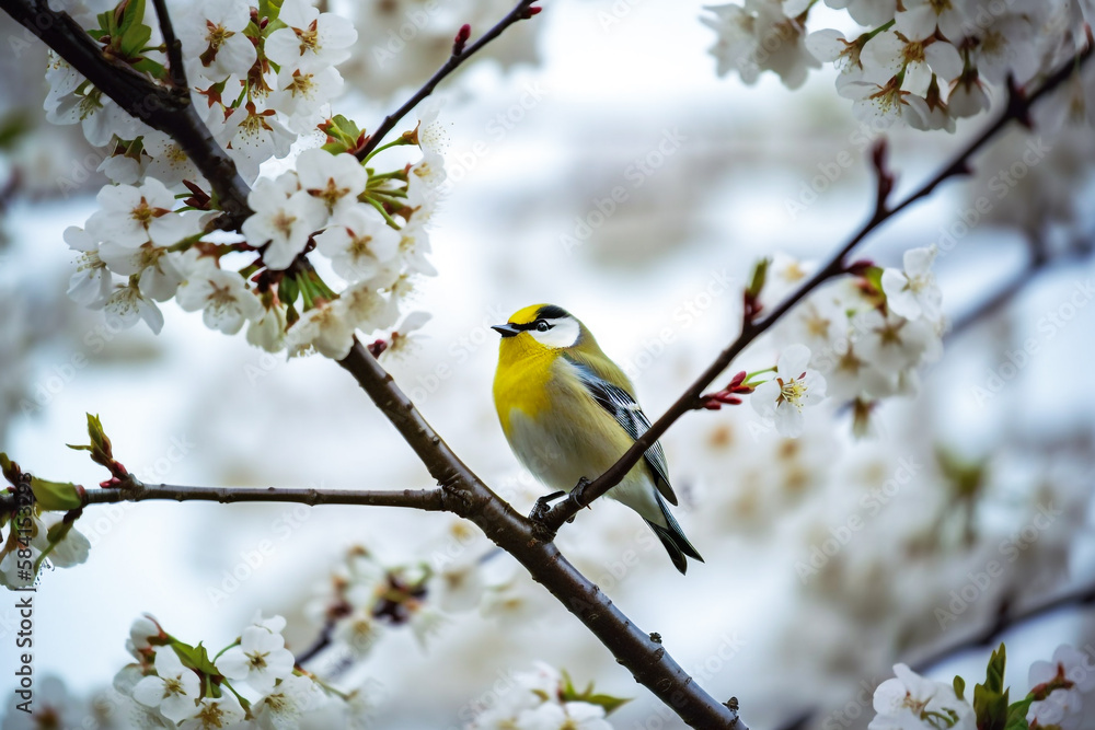 A bird sits on a branch of a cherry tree with white flowers.