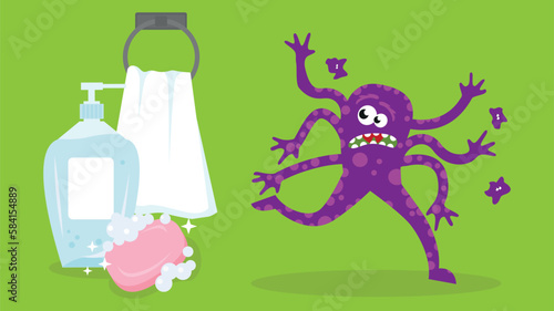 Cute monster with soap and shower gel. Vector cartoon illustration.