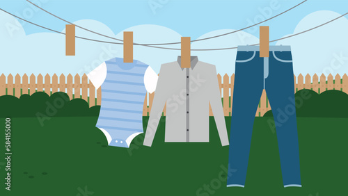 Clothes on a clothesline. Vector illustration in flat style.