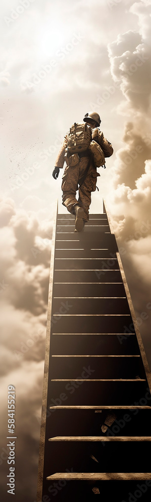 generative ai illustration of soldier climbing the stairway to heaven