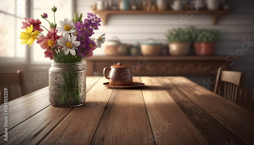 A rustic wooden table hosts an array of colorful spring flowers in glass jars, basking in the soft glow of sunlight filtering through fresh green leaves