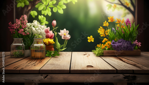 A rustic wooden table hosts an array of colorful spring flowers in glass jars, basking in the soft glow of sunlight filtering through fresh green leaves