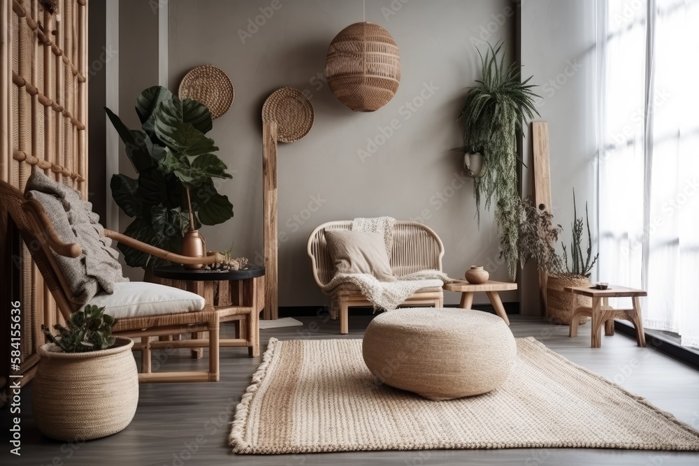 Bali style living room with natural materials and macrame on white wall.  Vertical view of comfy armchair with cushions near bamboo coffee table with home  décor. Generative AI Stock Illustration | Adobe
