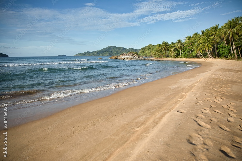 Dreamlike idyllic beach of El Nideo, Palawan in the Philippines with palm trees along the beach.