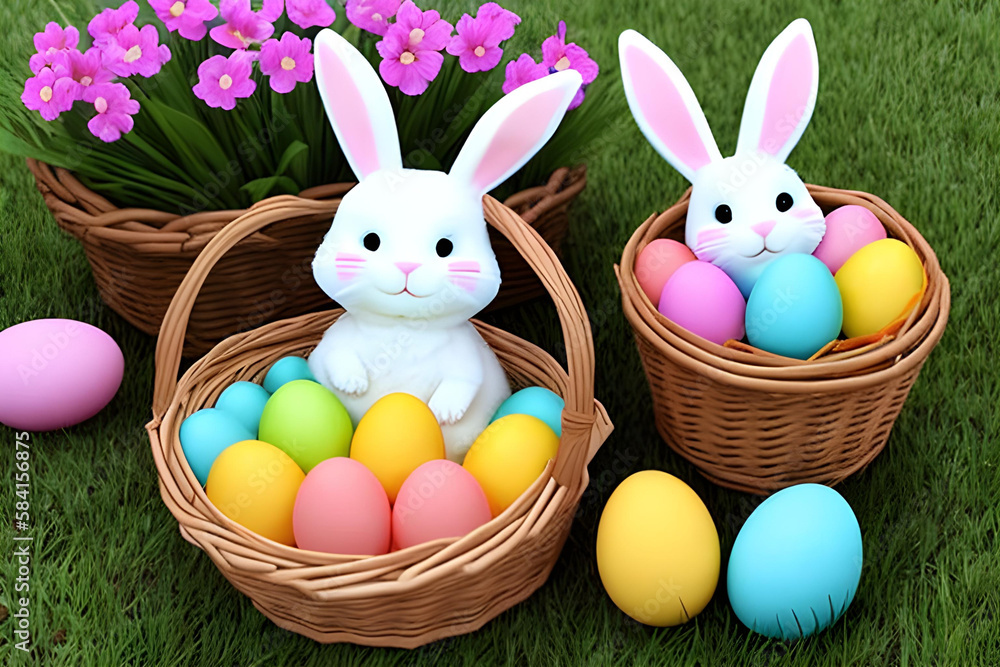 Un lindo par de conejitos blancos,rodeados por huevos de pascua.(Generados por IA) Un lindo par de conejitos blancos,rodeados por huevos de pascua.(Generados por IA)