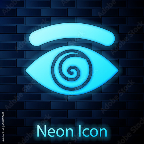 Glowing neon Hypnosis icon isolated on brick wall background. Human eye with spiral hypnotic iris. Vector