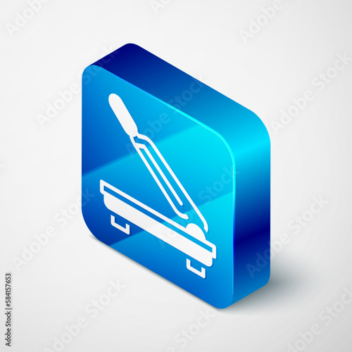 Isometric Paper cutter icon isolated on grey background. Blue square button. Vector