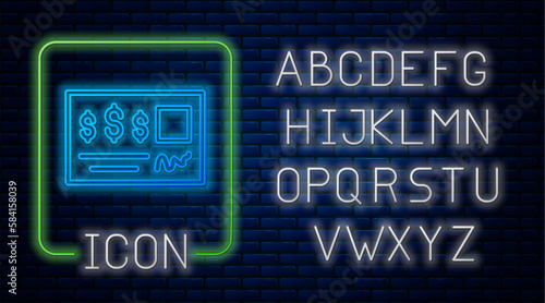 Glowing neon Blank template of the bank check and pen icon isolated on brick wall background. Checkbook cheque page with empty fields to fill. Neon light alphabet. Vector