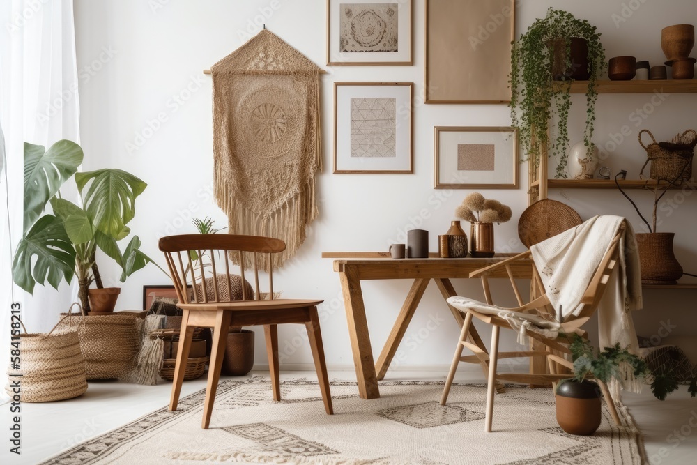 Fototapeta premium Bohemian living room with mock up poster frame, chair, wooden desk, flowers in vase, macrame, and stylish accessories. Contemporary house decor. Template. Generative AI