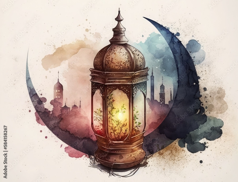 Watercolor lanterns for a festive ramadan, generative ai