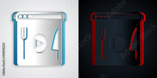 Paper cut Cooking live streaming icon isolated on grey and black background. Paper art style. Vector