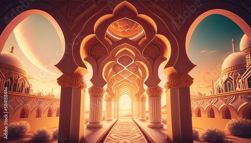 Majestic mosque illustration for ramadan ambiance, generative ai © ibhonk