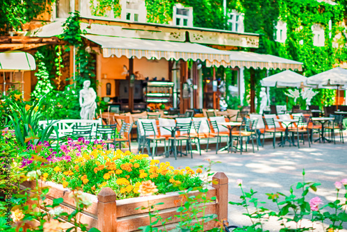 One Summer Street Open Air Cafe Interior in Comfortable Green City Park Decorated With Flowers
