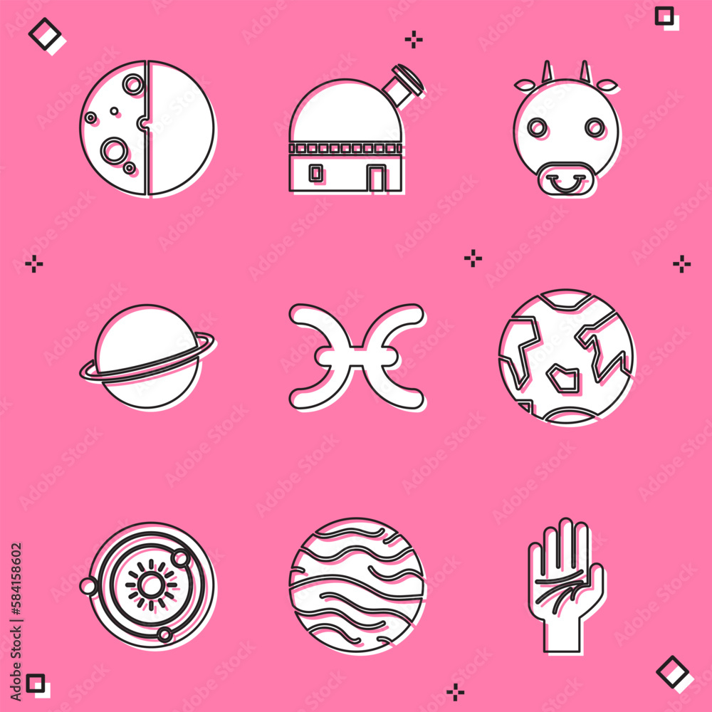 Set Eclipse of the sun, Astronomical observatory, Ox zodiac, Planet Saturn, Pisces, Earth, Solar system and Venus icon. Vector Set Eclipse of the sun, Astronomical observatory, Ox zodiac, Planet Saturn, Pisces, Earth, Solar system and Venus icon. Vector
