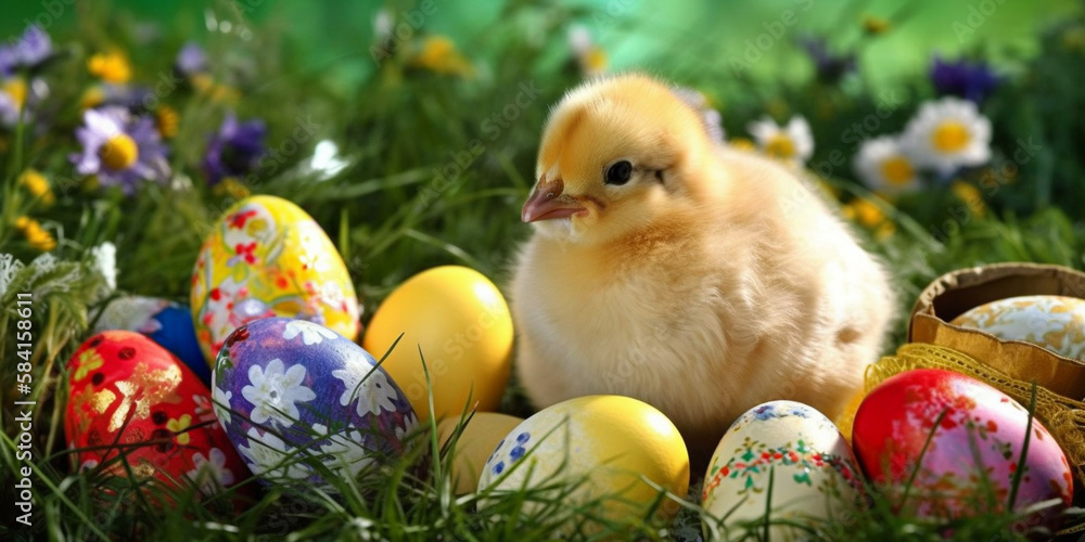 Chick and easter eggs on the grasses. Shallow depth of field. Concept happy easter day.
