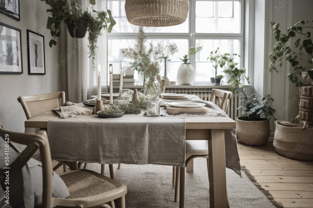 White and gray rustic dining table. Potted plants, jute carpet. Scandinavian bohemian decor. Plan, top,. Generative AI