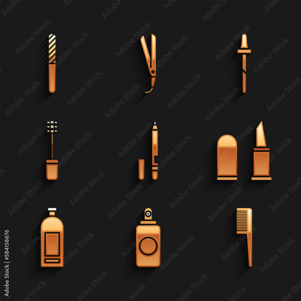 Set Eyeliner, eyebrow, Spray can, Hairbrush, Lipstick, Bottle of shampoo, Mascara, Pipette and Nail file icon. Vector